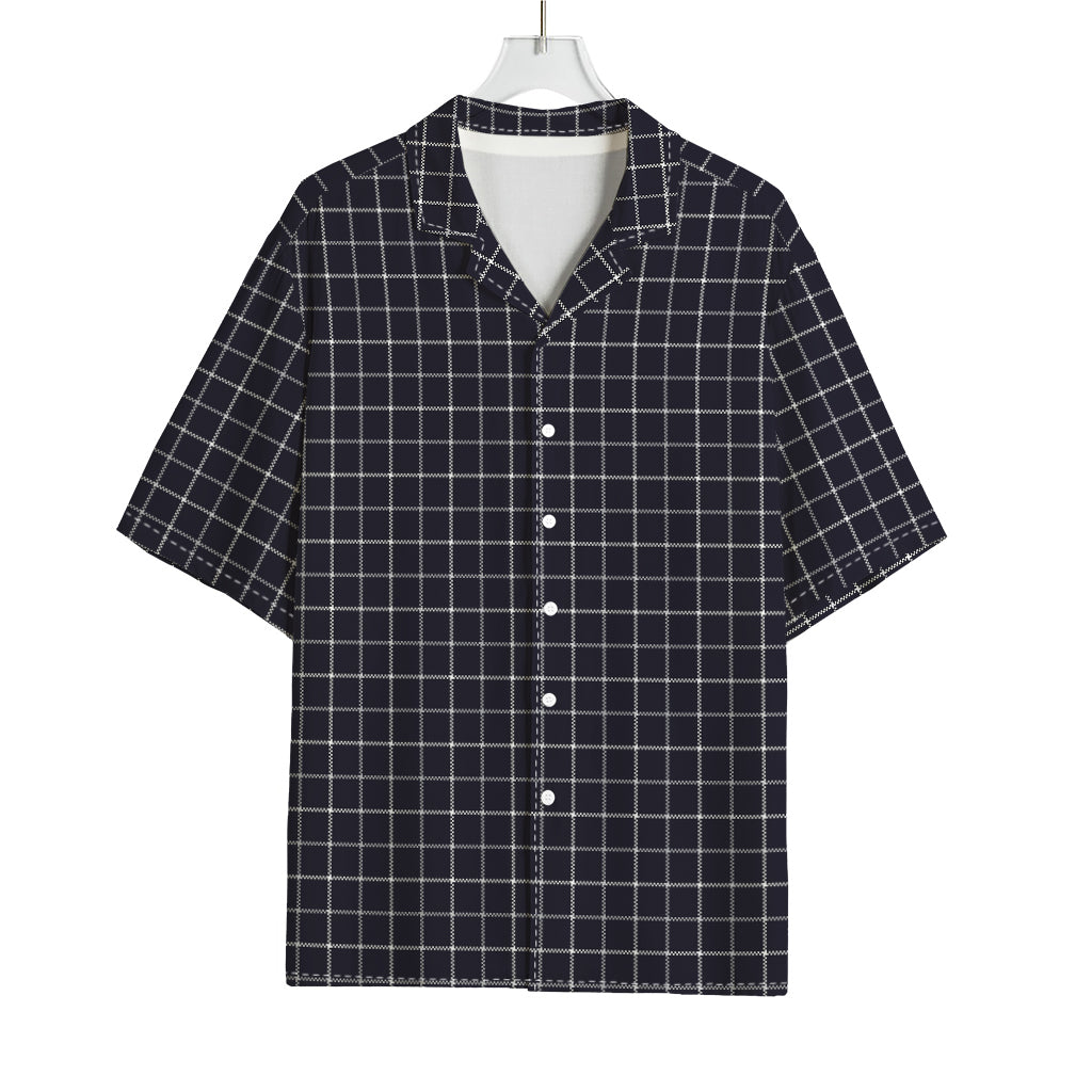 Navy Tattersall Pattern Print Rayon Hawaiian Shirt
