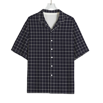 Navy Tattersall Pattern Print Rayon Hawaiian Shirt