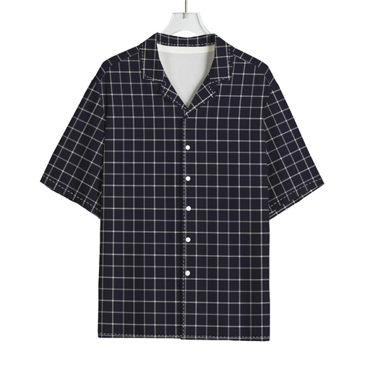 Navy Tattersall Pattern Print Rayon Hawaiian Shirt
