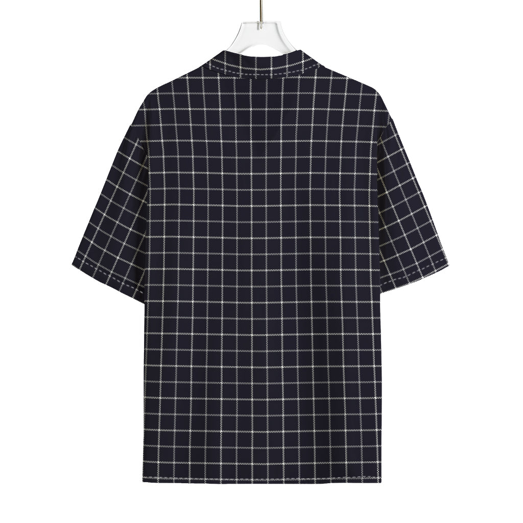 Navy Tattersall Pattern Print Rayon Hawaiian Shirt