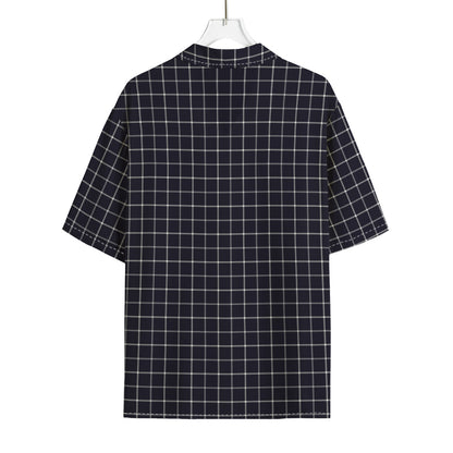 Navy Tattersall Pattern Print Rayon Hawaiian Shirt