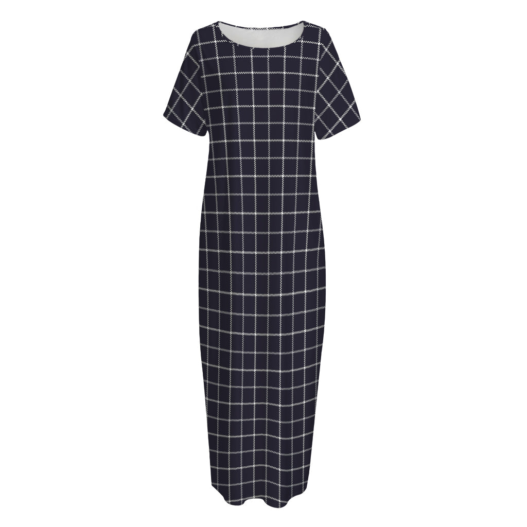 Navy Tattersall Pattern Print Short Sleeve Long Nightdress