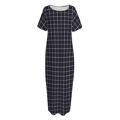 Navy Tattersall Pattern Print Short Sleeve Long Nightdress