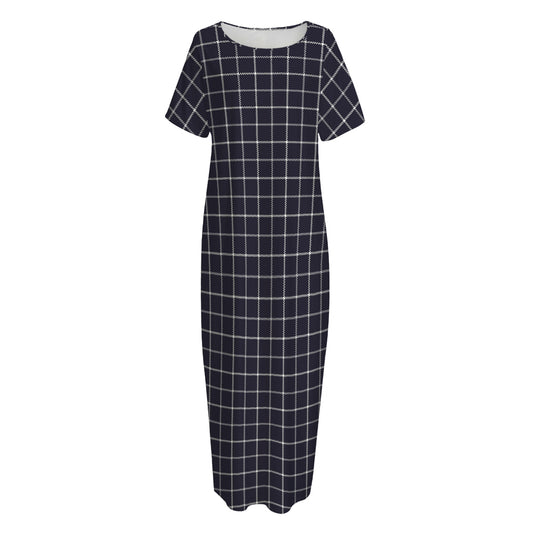 Navy Tattersall Pattern Print Short Sleeve Long Nightdress