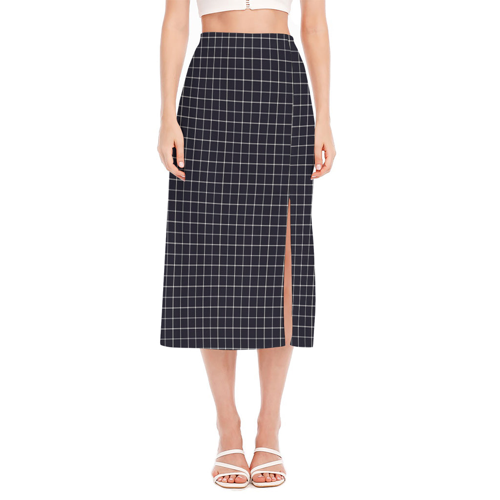 Navy Tattersall Pattern Print Side Slit Midi Skirt