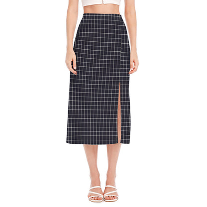 Navy Tattersall Pattern Print Side Slit Midi Skirt