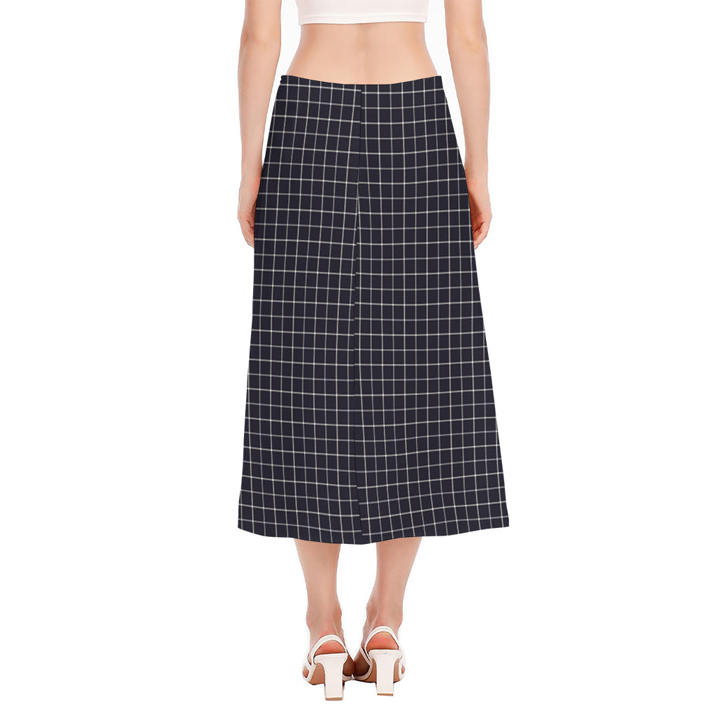 Navy Tattersall Pattern Print Side Slit Midi Skirt