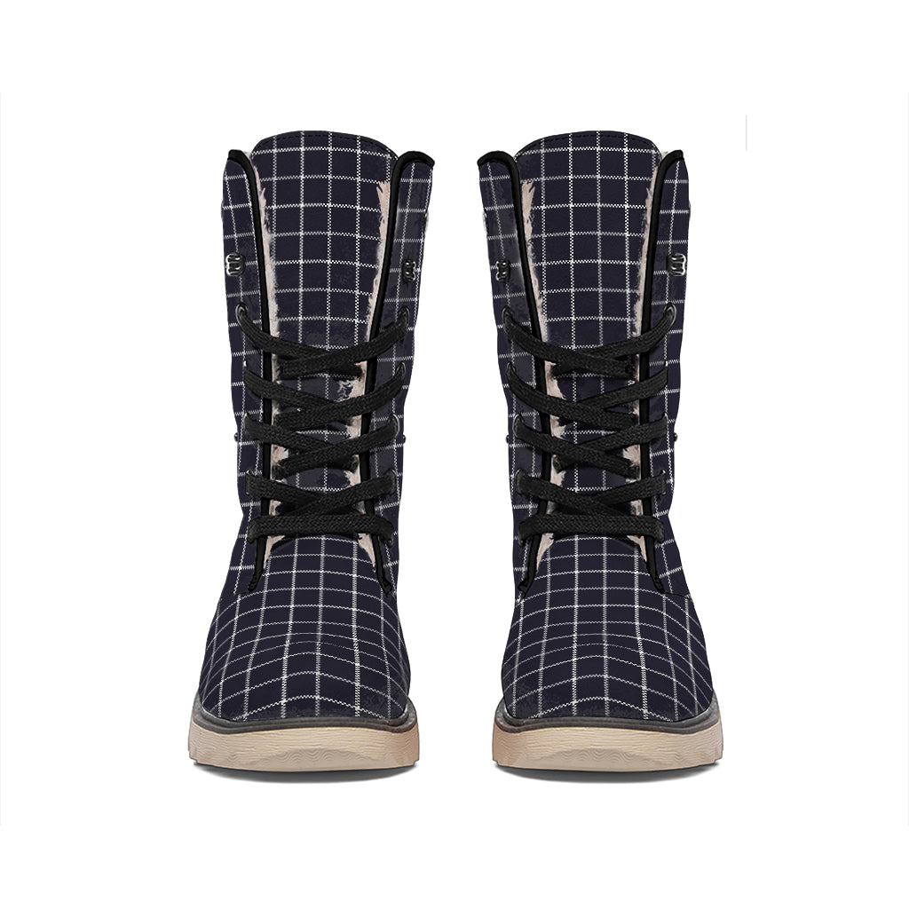 Navy Tattersall Pattern Print Winter Boots