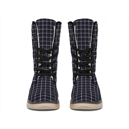 Navy Tattersall Pattern Print Winter Boots