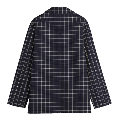 Navy Tattersall Pattern Print Women's Cotton Blazer