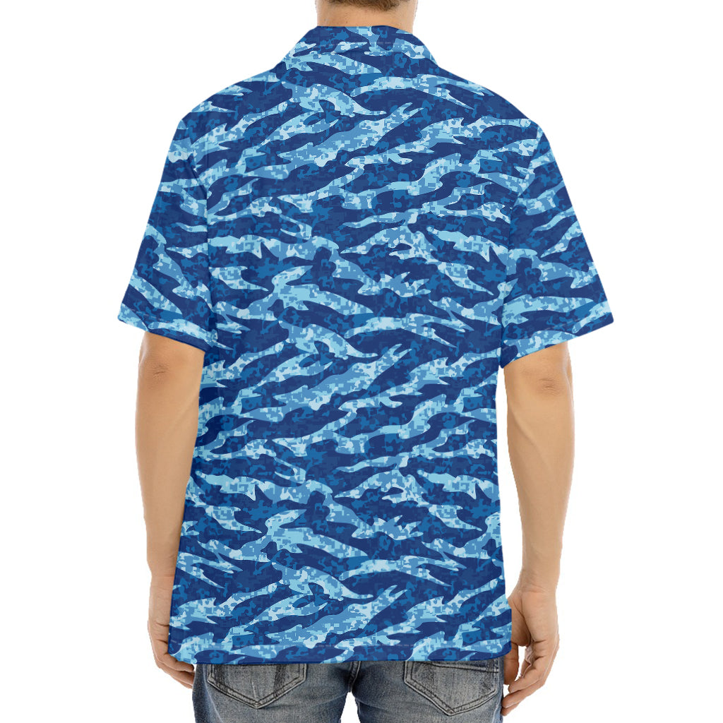 Navy Tiger Stripe Camo Pattern Print Aloha Shirt