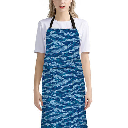 Navy Tiger Stripe Camo Pattern Print Bib Apron With Pocket
