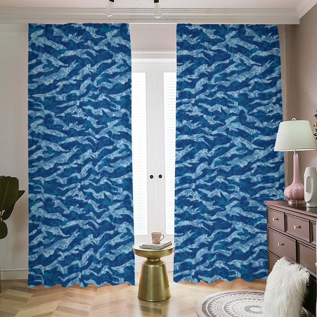 Navy Tiger Stripe Camo Pattern Print Blackout Pencil Pleat Curtains