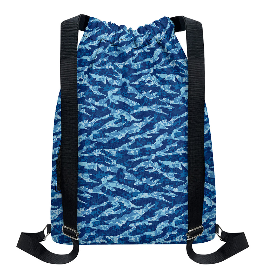 Navy Tiger Stripe Camo Pattern Print Drawstring Backpack