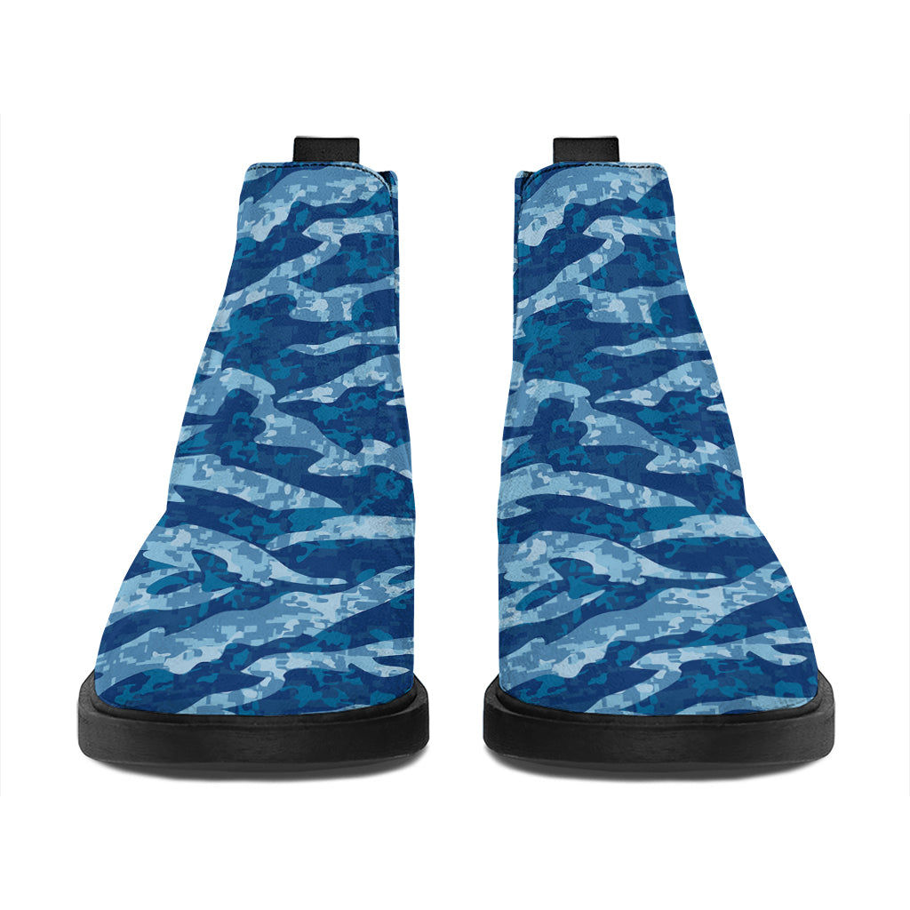 Navy Tiger Stripe Camo Pattern Print Flat Ankle Boots