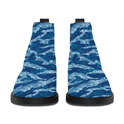 Navy Tiger Stripe Camo Pattern Print Flat Ankle Boots