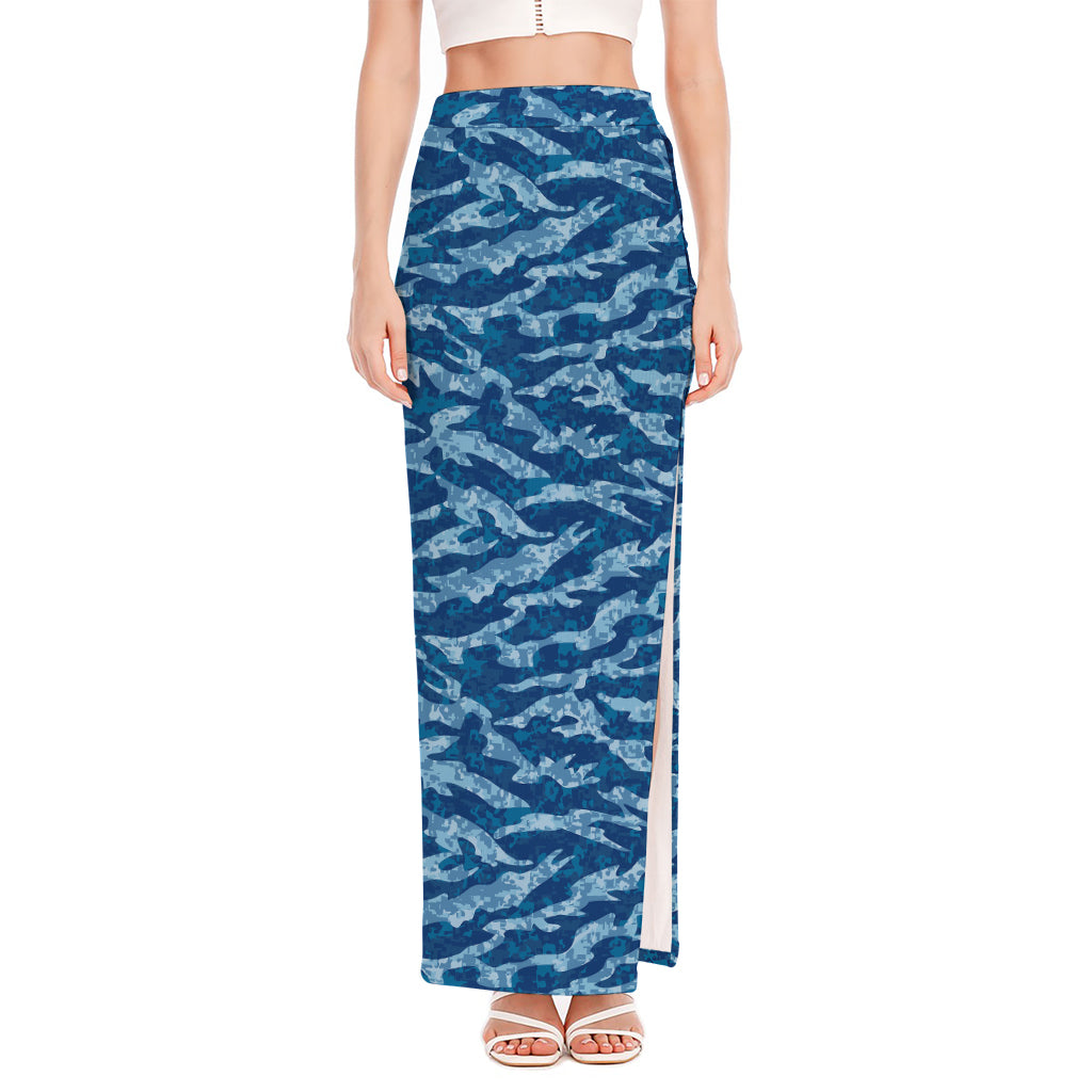 Navy Tiger Stripe Camo Pattern Print High Slit Maxi Skirt