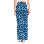 Navy Tiger Stripe Camo Pattern Print High Slit Maxi Skirt