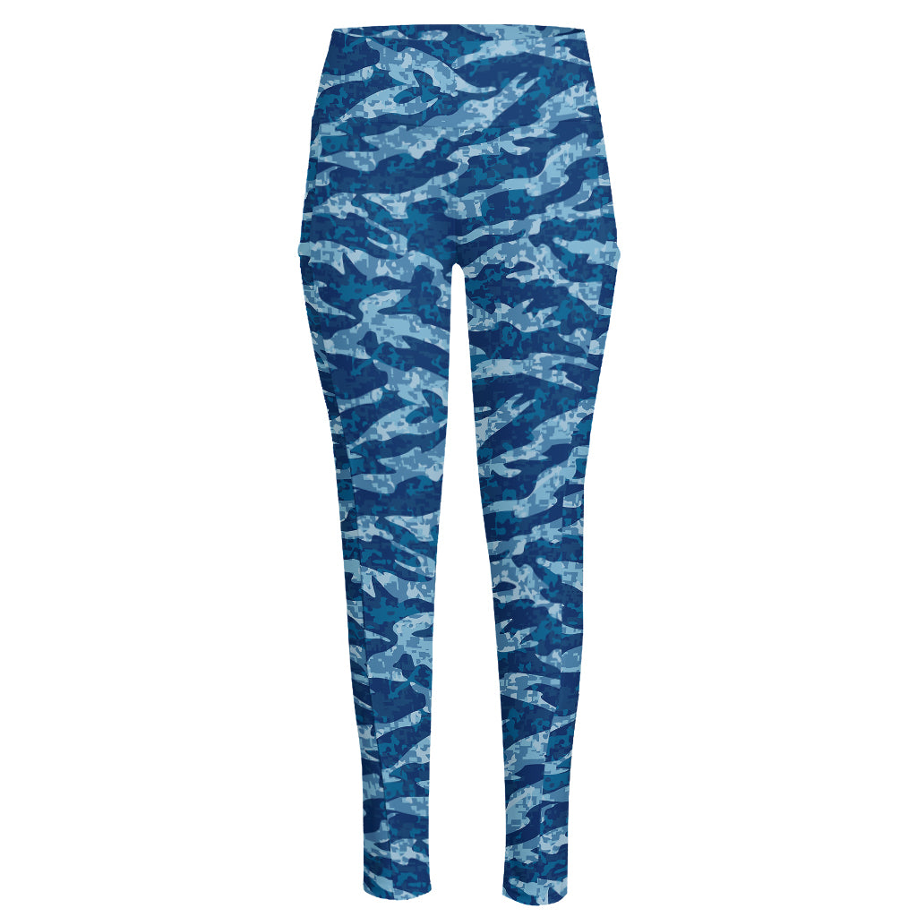 Navy Tiger Stripe Camo Pattern Print High-Waisted Pocket Leggings