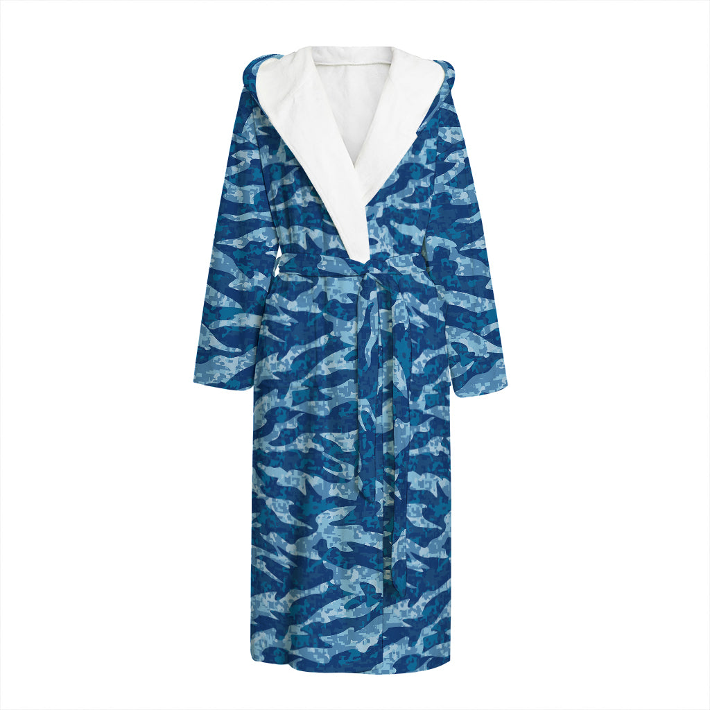 Navy Tiger Stripe Camo Pattern Print Hooded Bathrobe