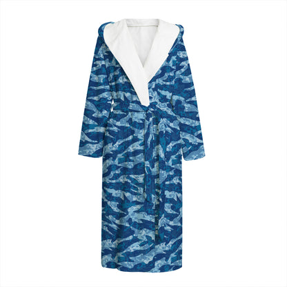 Navy Tiger Stripe Camo Pattern Print Hooded Bathrobe
