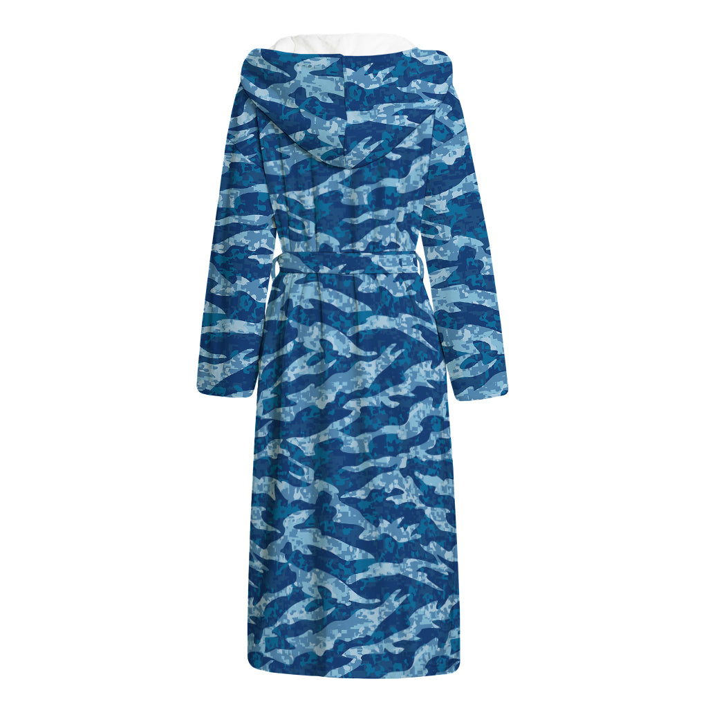Navy Tiger Stripe Camo Pattern Print Hooded Bathrobe