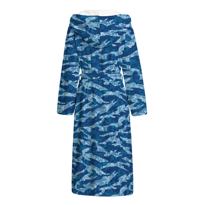 Navy Tiger Stripe Camo Pattern Print Hooded Bathrobe