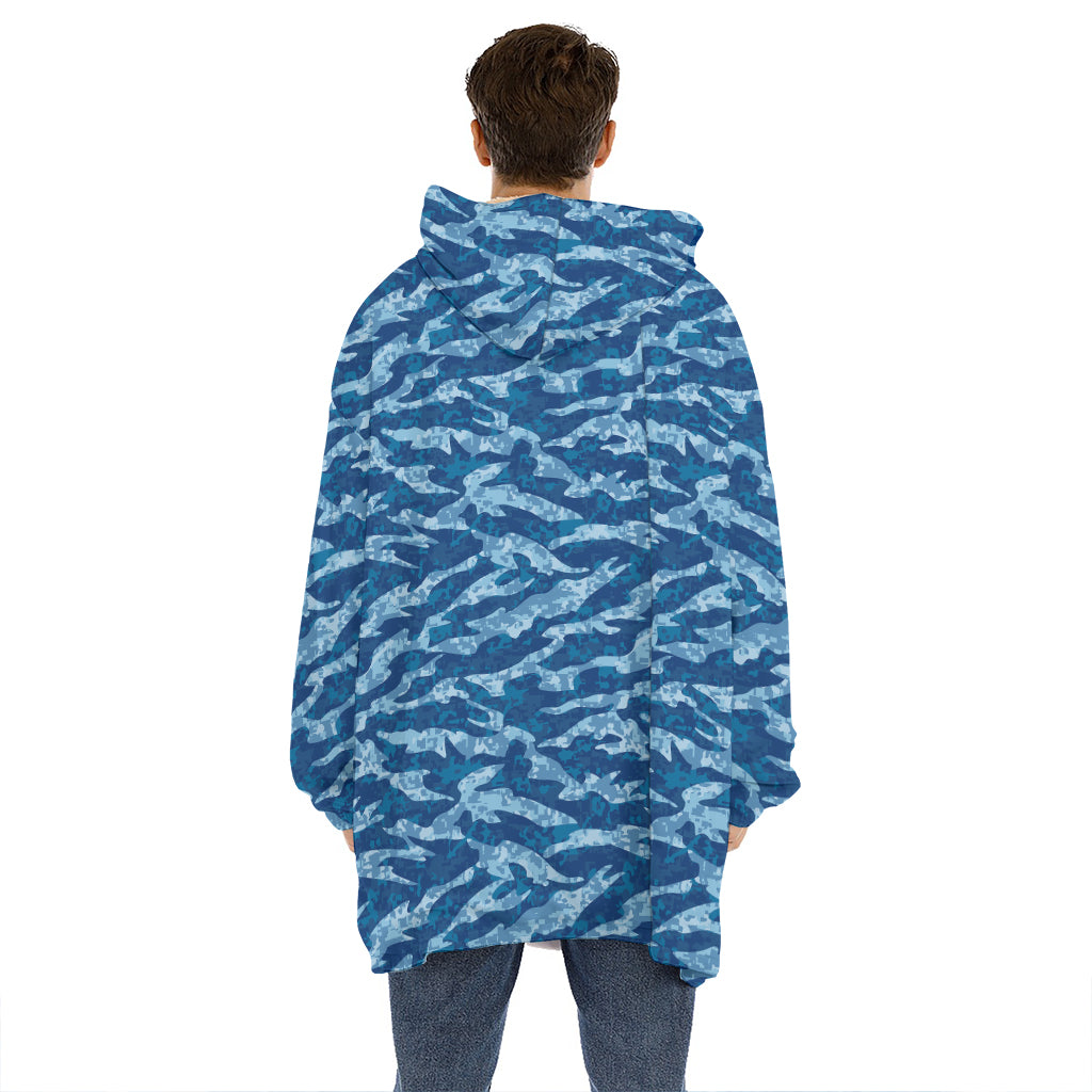 Navy Tiger Stripe Camo Pattern Print Hoodie Blanket