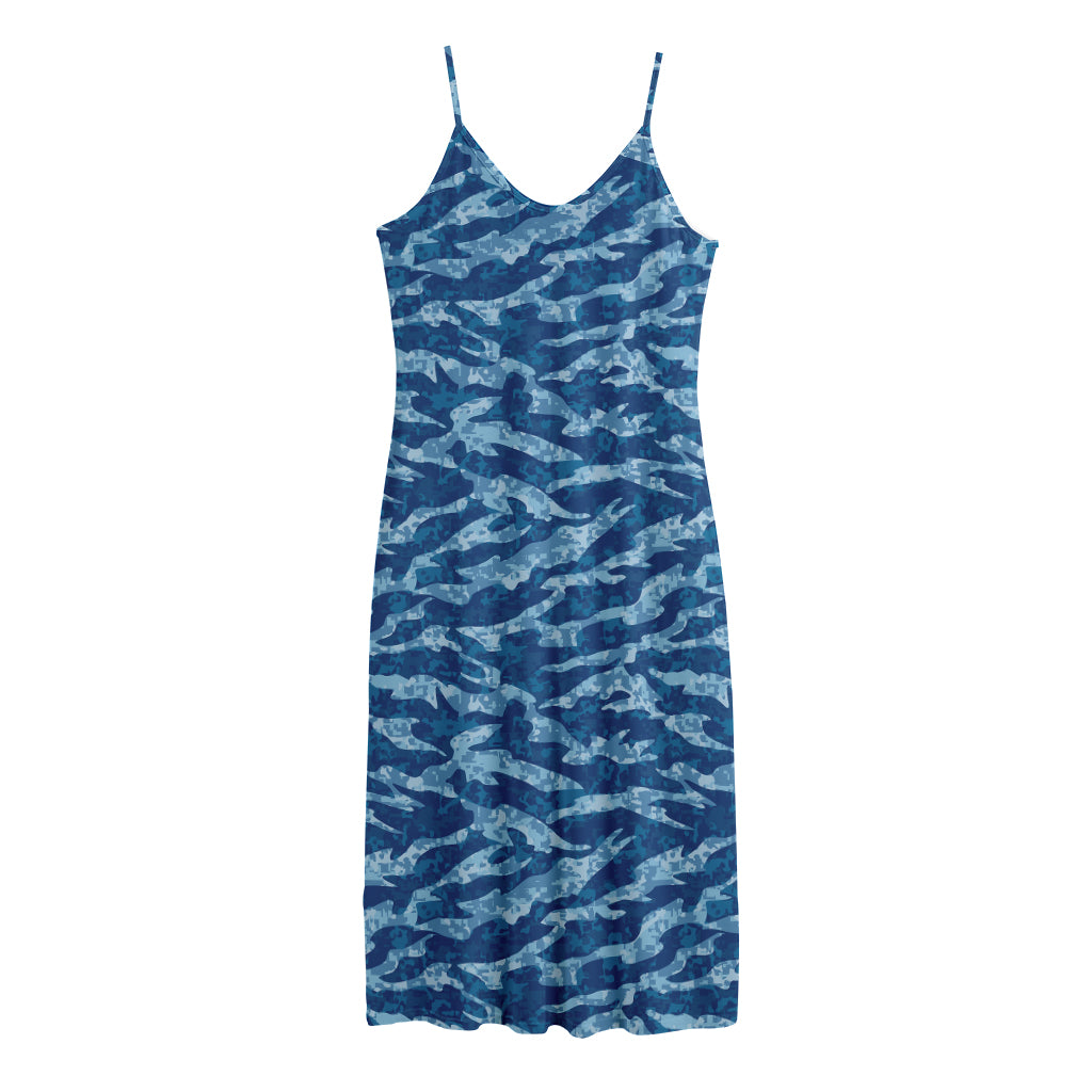 Navy Tiger Stripe Camo Pattern Print Jersey Midi Cami Dress