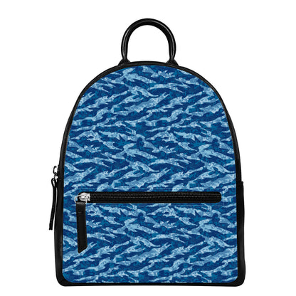 Navy Tiger Stripe Camo Pattern Print Leather Backpack