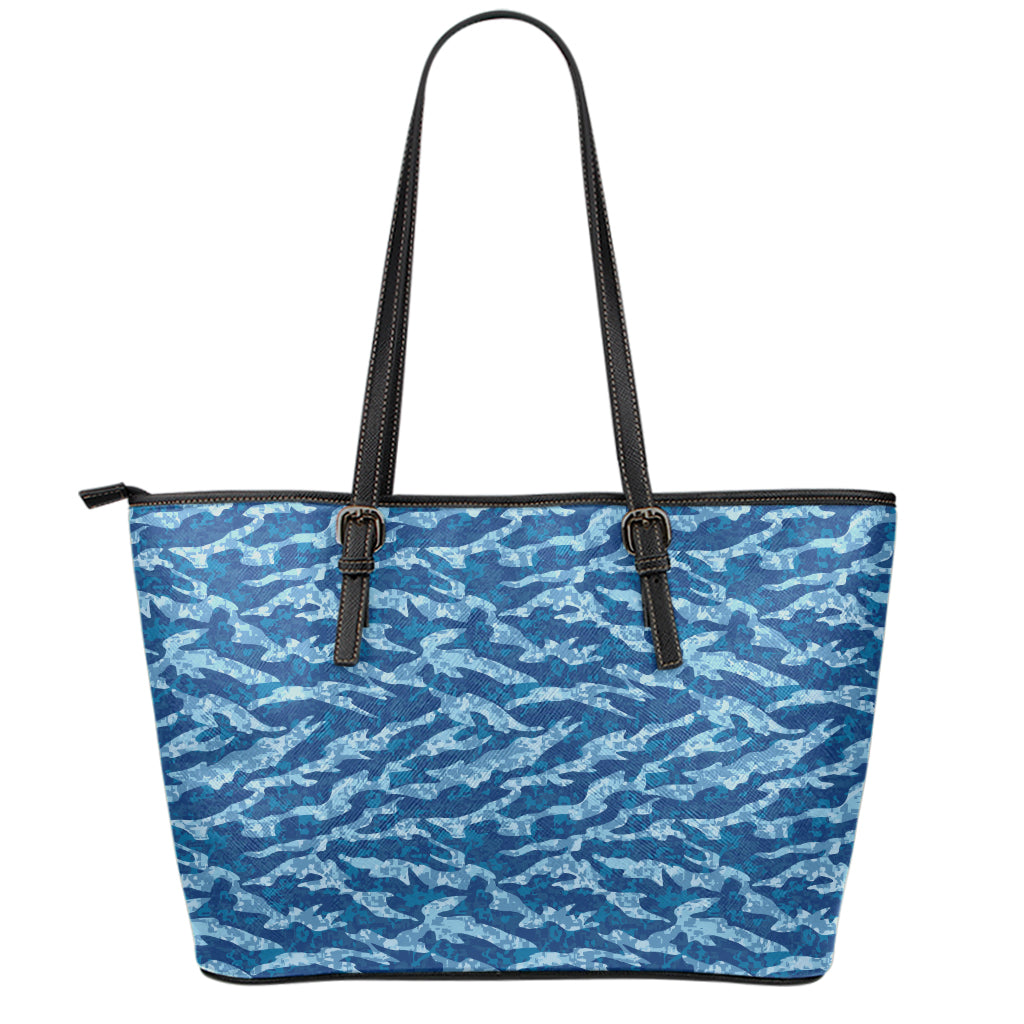 Navy Tiger Stripe Camo Pattern Print Leather Tote Bag