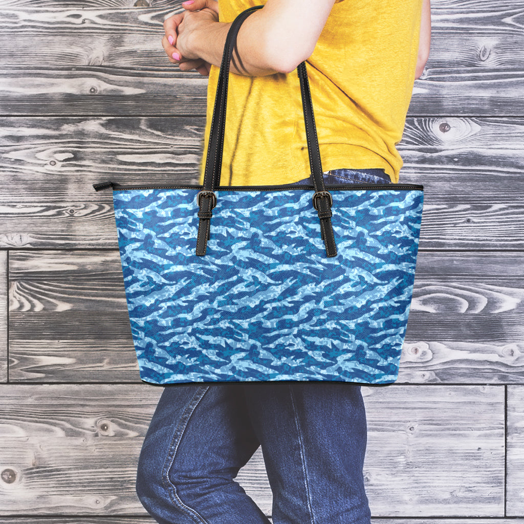 Navy Tiger Stripe Camo Pattern Print Leather Tote Bag