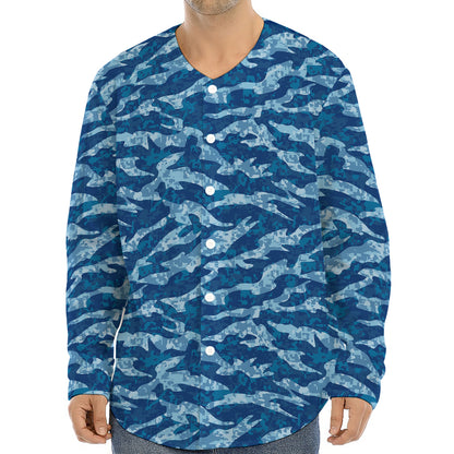 Navy Tiger Stripe Camo Pattern Print Long Sleeve Baseball Jersey