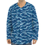 Navy Tiger Stripe Camo Pattern Print Long Sleeve Baseball Jersey