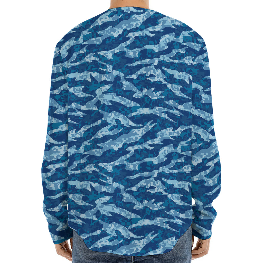 Navy Tiger Stripe Camo Pattern Print Long Sleeve Baseball Jersey