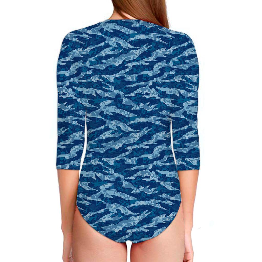 Navy Tiger Stripe Camo Pattern Print Long Sleeve Swimsuit