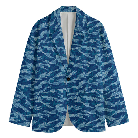 Navy Tiger Stripe Camo Pattern Print Men's Cotton Blazer