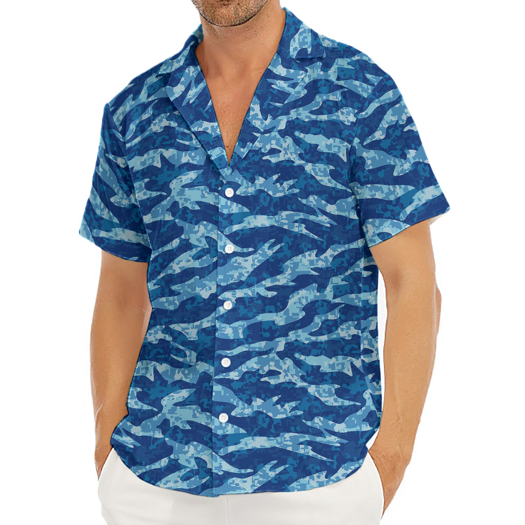 Navy Tiger Stripe Camo Pattern Print Men's Deep V-Neck Shirt