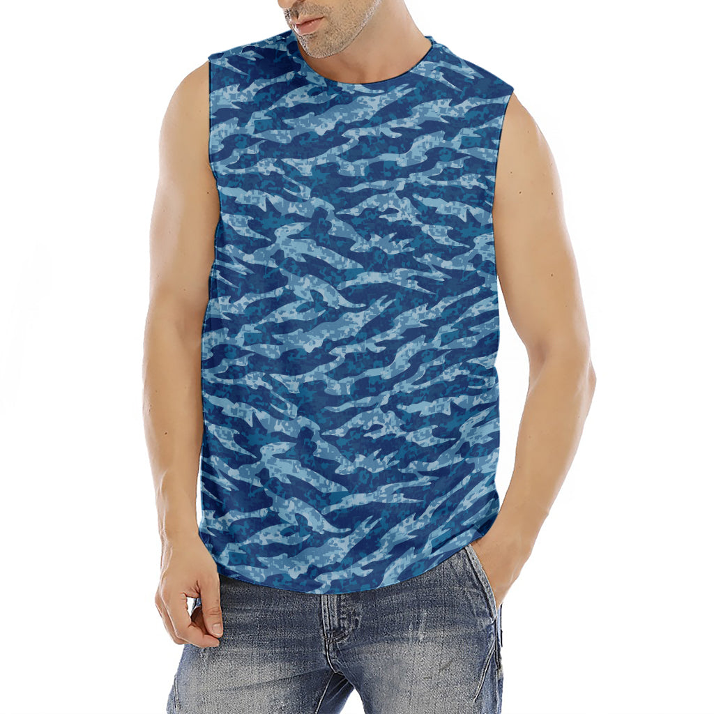 Navy Tiger Stripe Camo Pattern Print Men's Fitness Tank Top