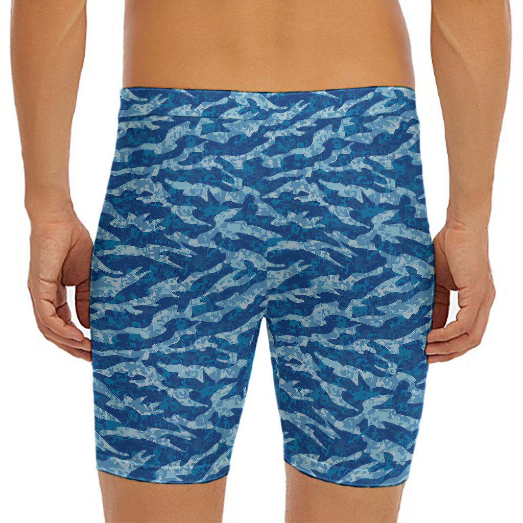 Navy Tiger Stripe Camo Pattern Print Men's Long Boxer Briefs