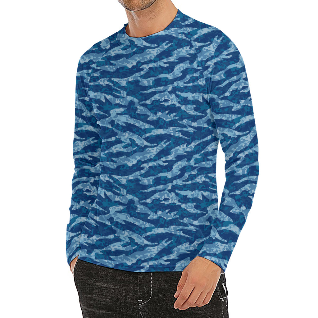 Navy Tiger Stripe Camo Pattern Print Men's Long Sleeve Rash Guard