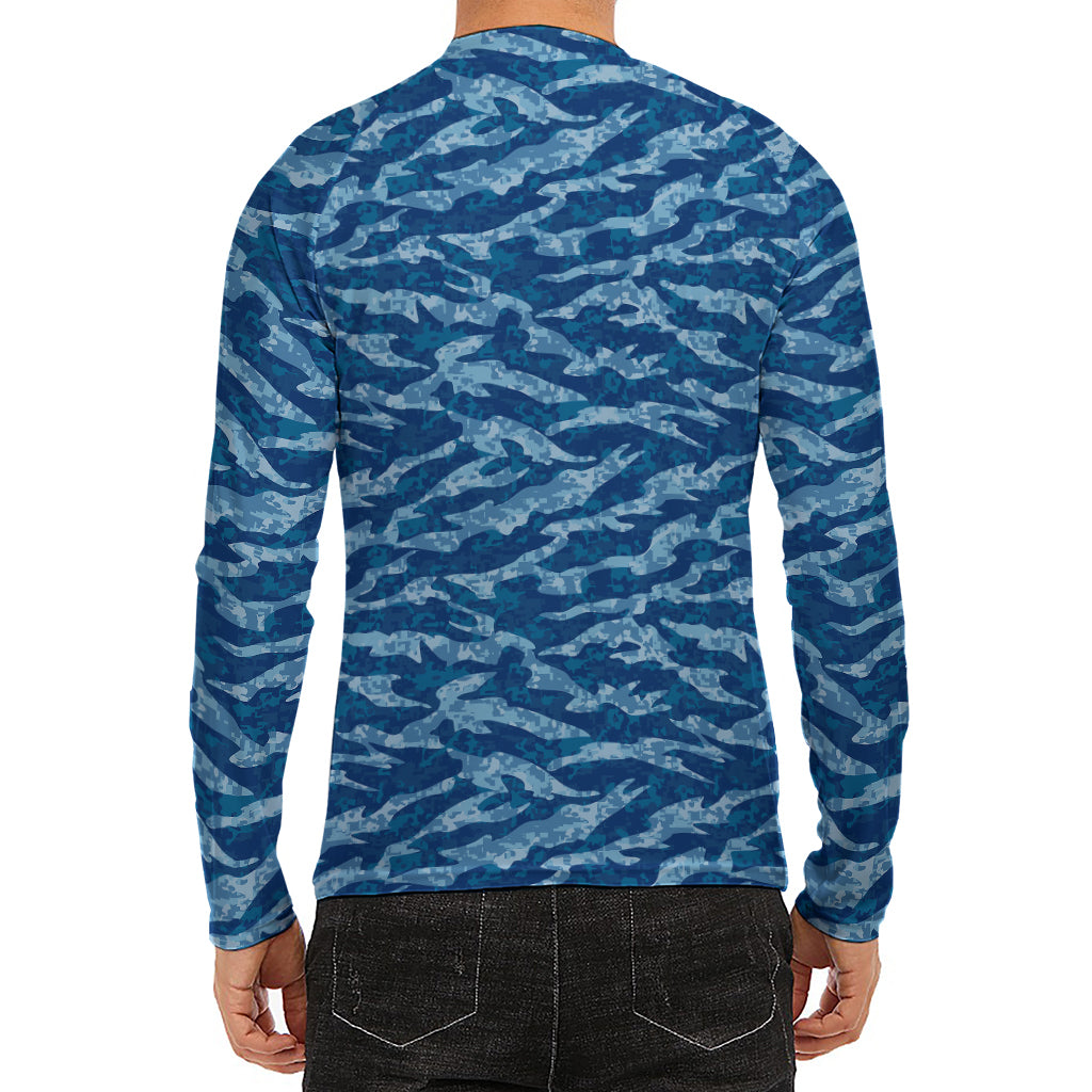 Navy Tiger Stripe Camo Pattern Print Men's Long Sleeve Rash Guard