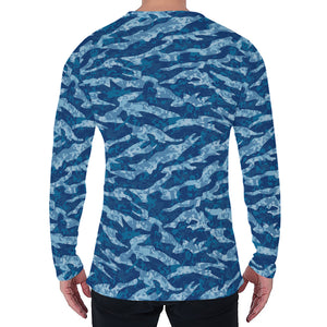 Navy Tiger Stripe Camo Pattern Print Men's Long Sleeve T-Shirt