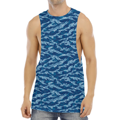 Navy Tiger Stripe Camo Pattern Print Men's Muscle Tank Top