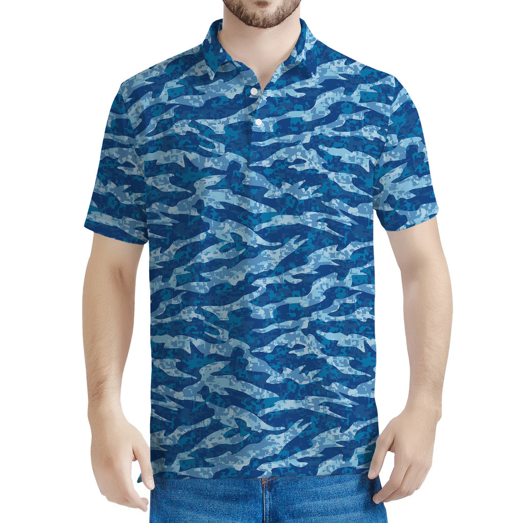 Navy Tiger Stripe Camo Pattern Print Men's Polo Shirt