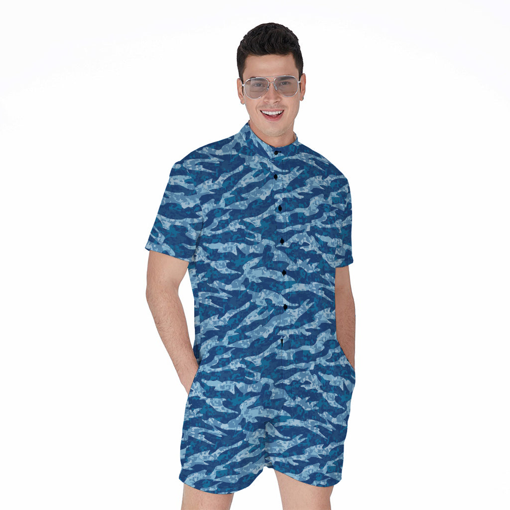 Navy Tiger Stripe Camo Pattern Print Men's Rompers