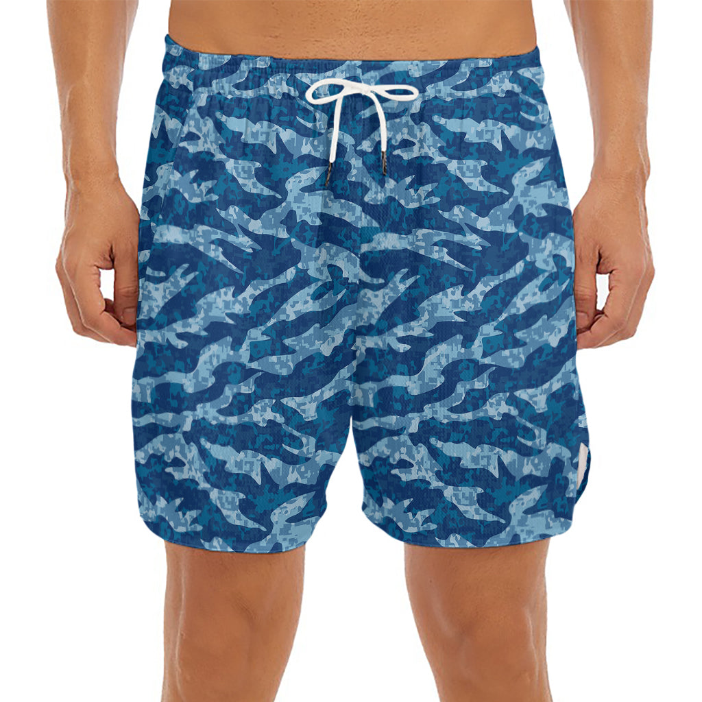 Navy Tiger Stripe Camo Pattern Print Men's Split Running Shorts
