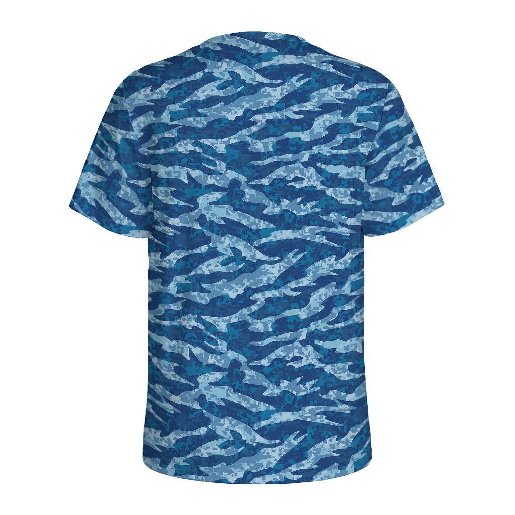 Navy Tiger Stripe Camo Pattern Print Men's Sports T-Shirt