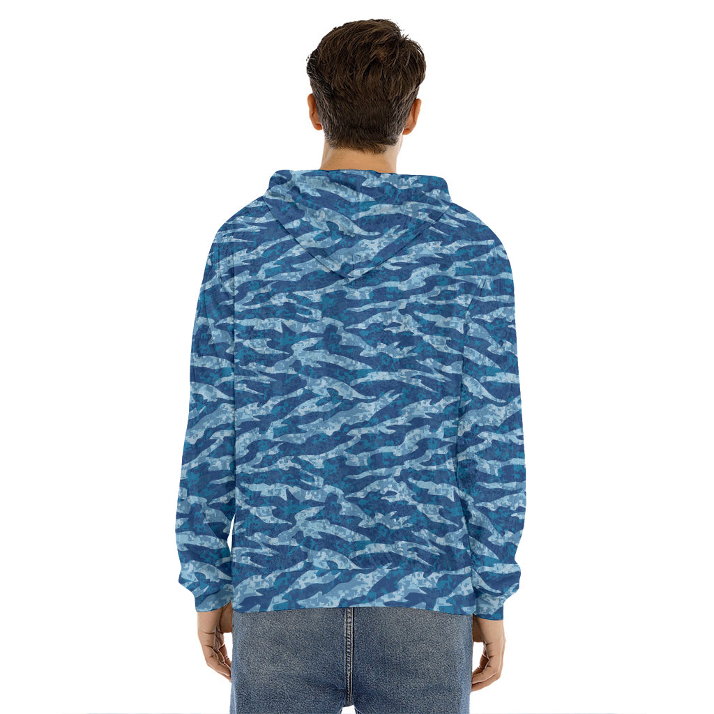 Navy Tiger Stripe Camo Pattern Print Men's Velvet Pullover Hoodie