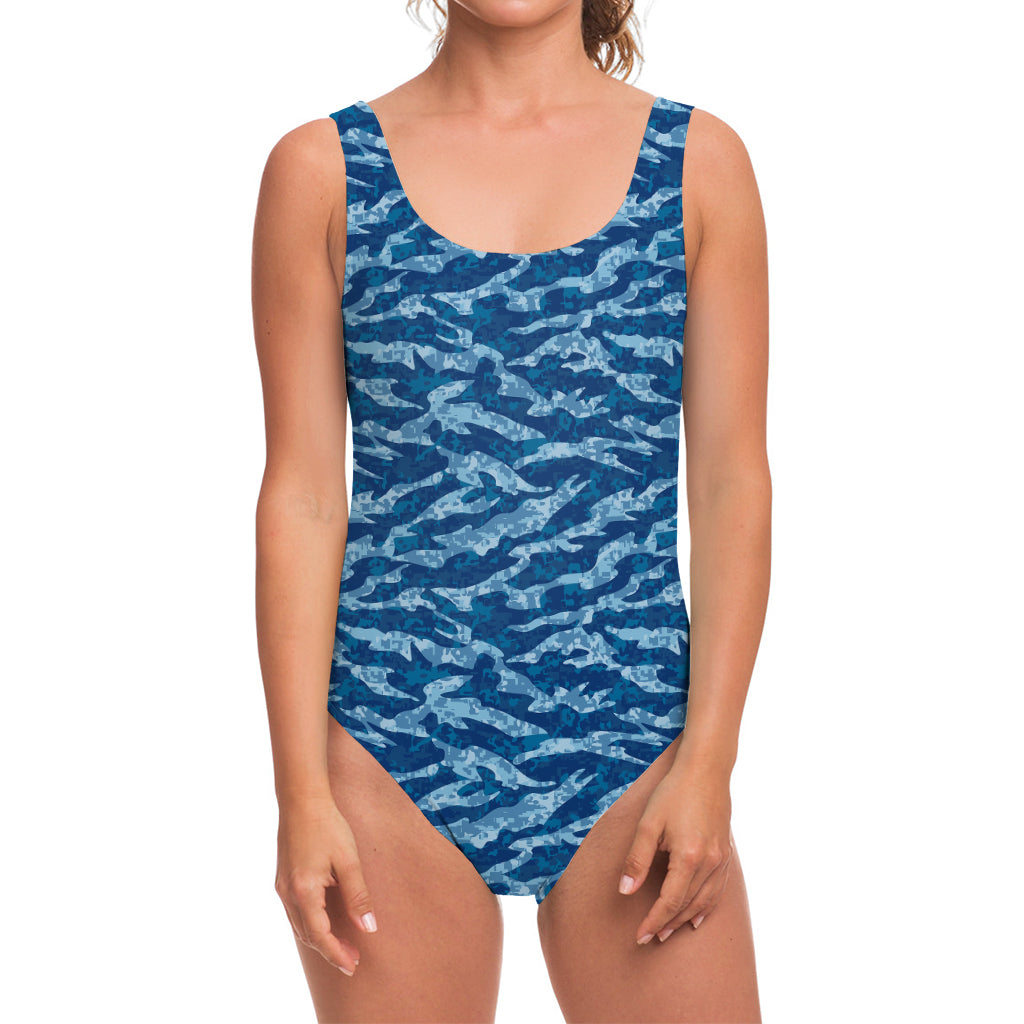 Navy Tiger Stripe Camo Pattern Print One Piece Swimsuit